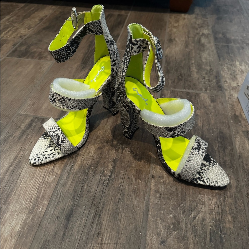Qupid Snake Skin Print, Black and Neon Heels